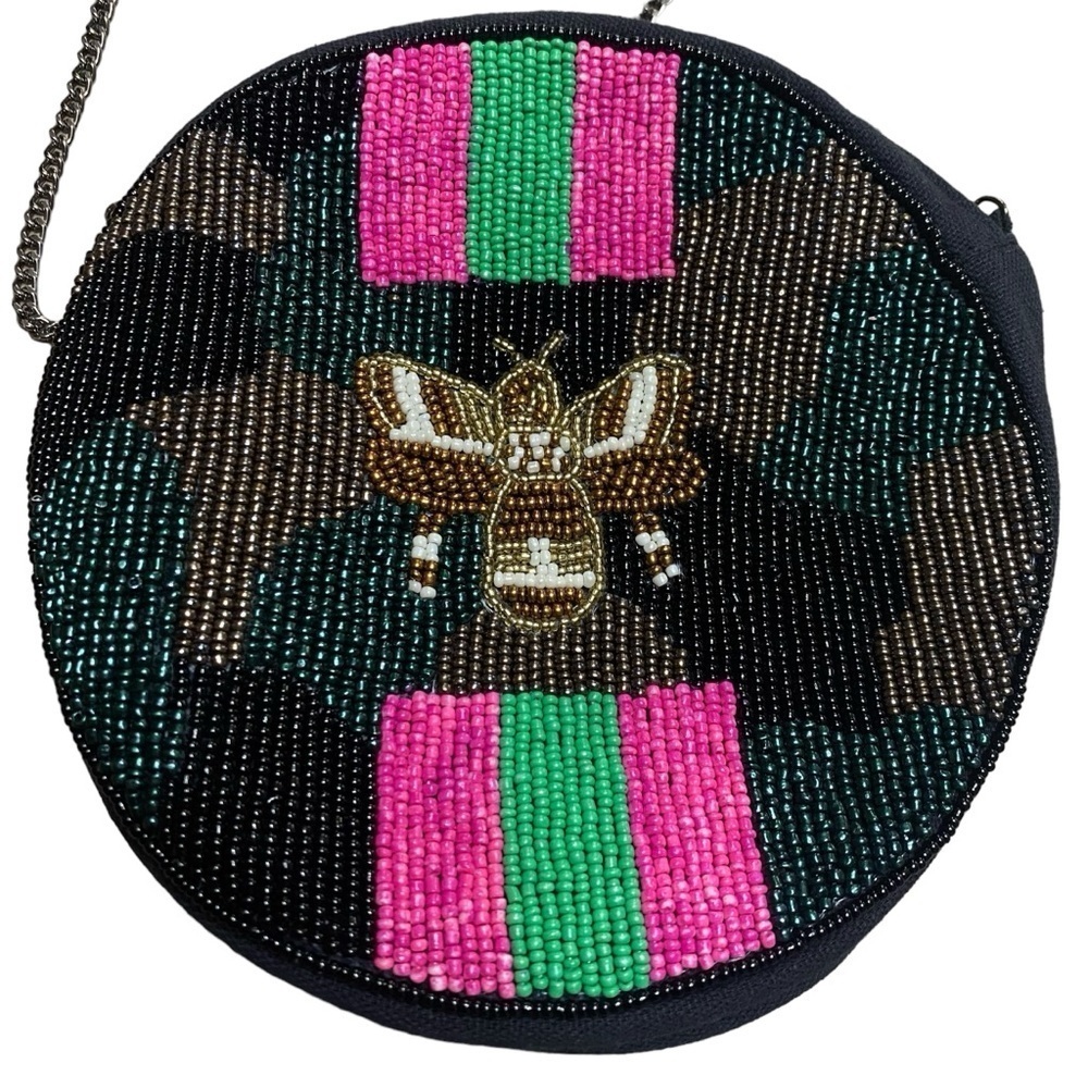 Shirdee Cotton Beaded Camo Bee Circle Bag With Metal Crossbody Strap